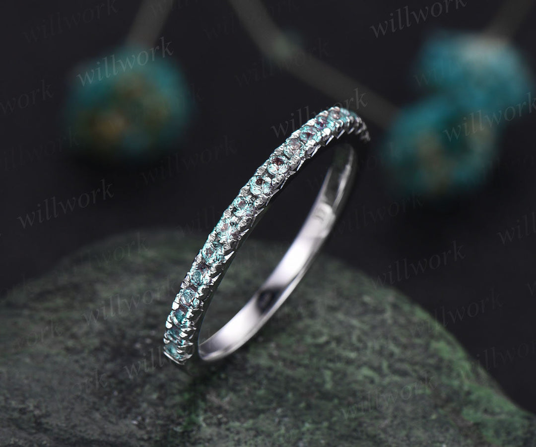 Half eternity Alexandrite wedding band 14k rose gold June birthstone ring dainty ring Alexandrite for women anniversary ring band gift