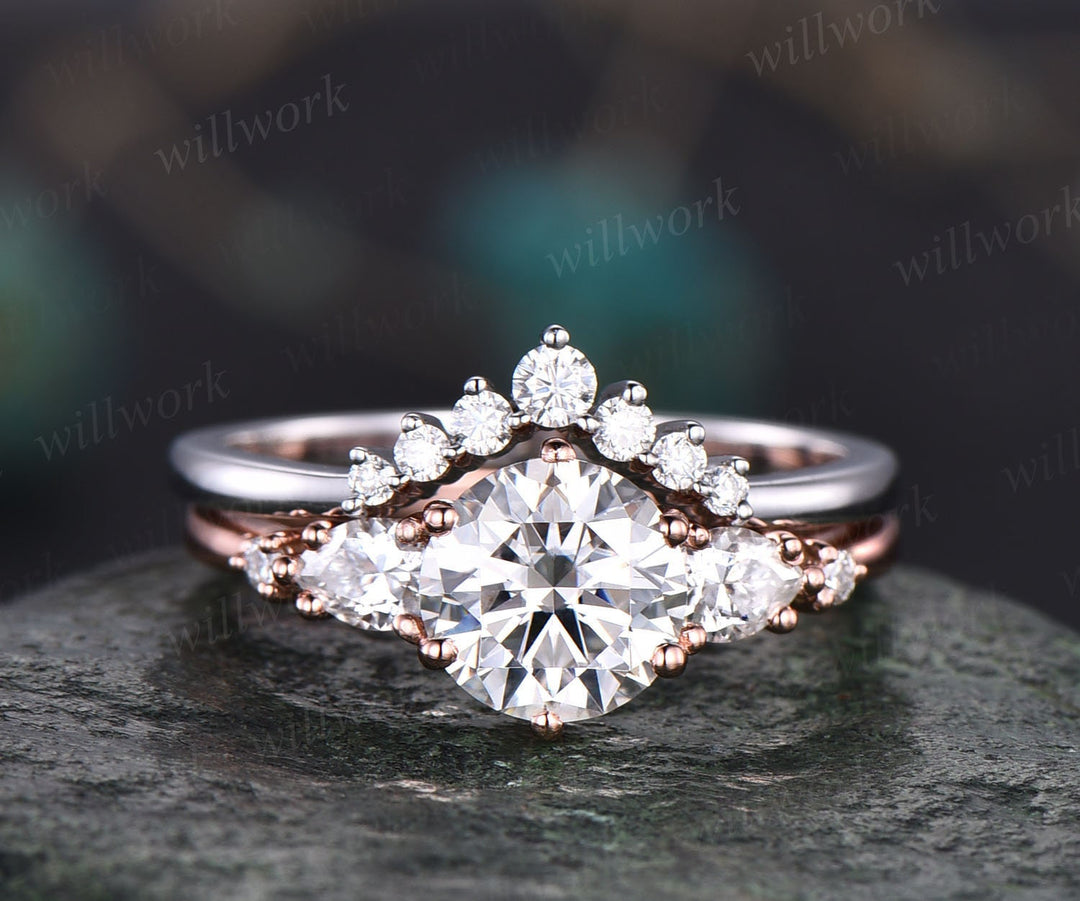 Round cut moissanite ring vintage moissanite engagement ring set five stone rose gold unique engagement ring promise bridal wedding ring set