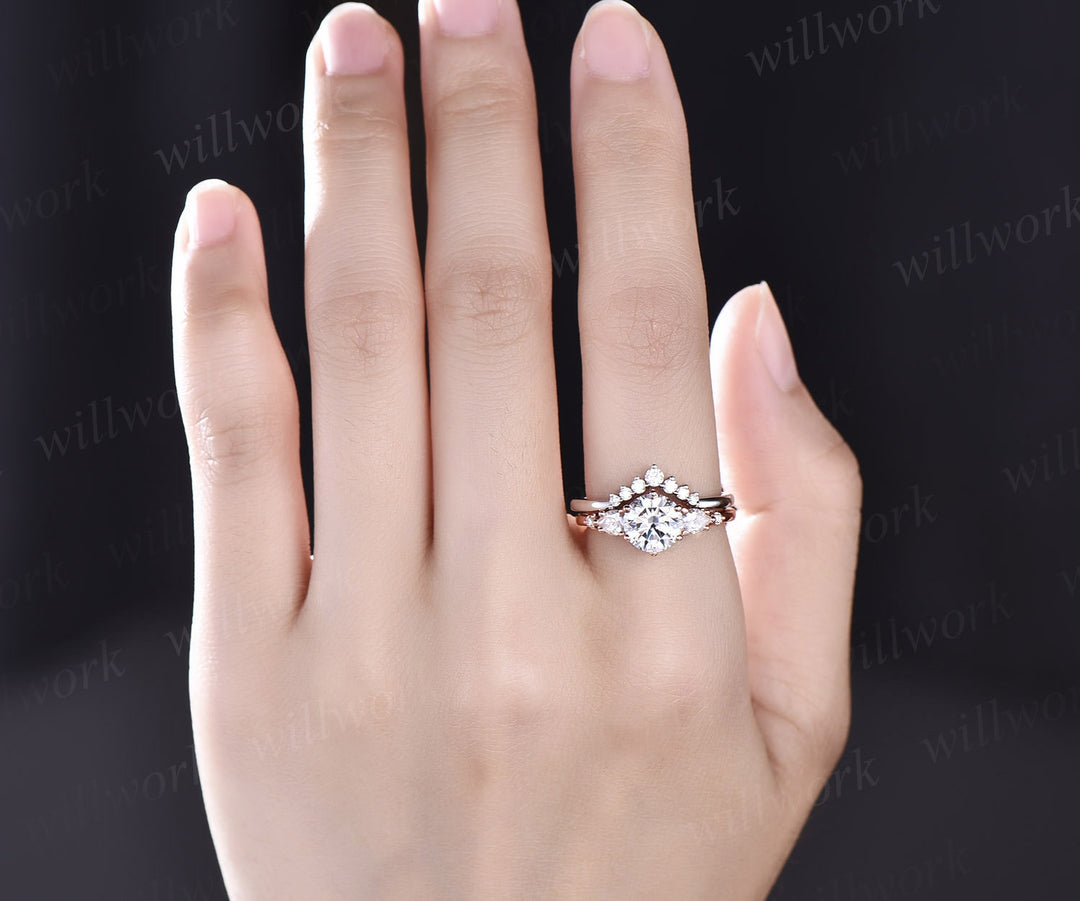 Round cut moissanite ring vintage moissanite engagement ring set five stone rose gold unique engagement ring promise bridal wedding ring set