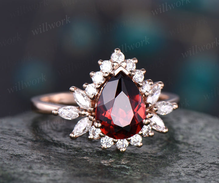 6x8mm pear garnet ring unique vintage garnet engagement ring rose gold ring Personalized marquise moissanite ring January birthstone ring
