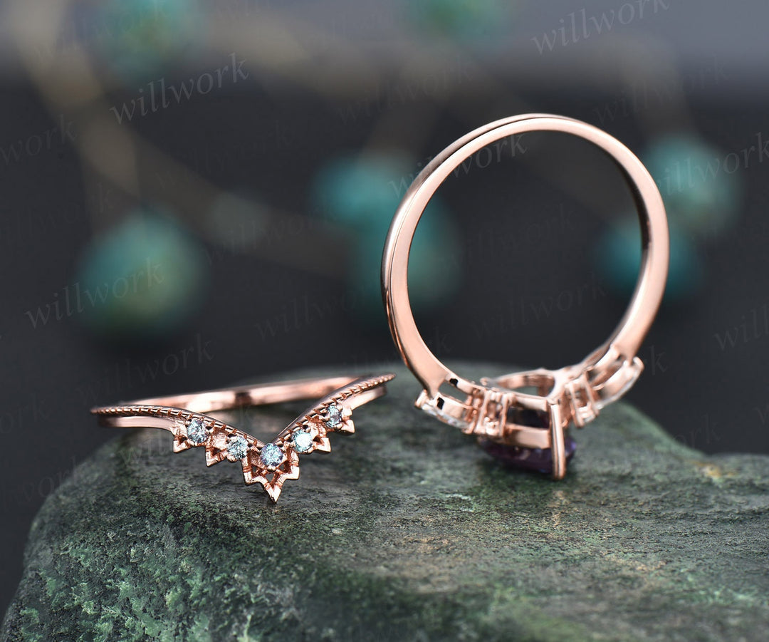 Alexandrite ring gold vintage Pear cut Alexandrite engagement ring set art deco rose gold ring women wedding promise stacking ring set gift