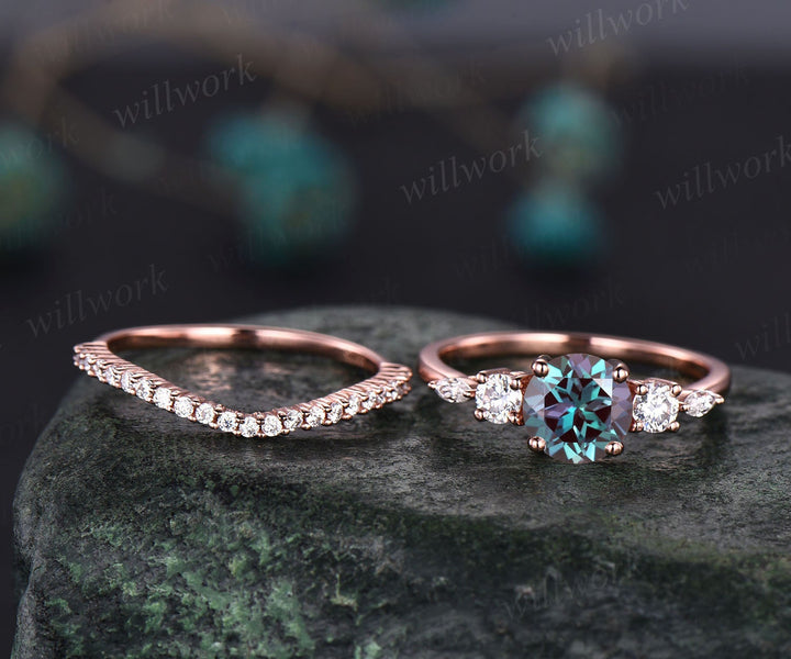 Alexandrite ring gold women vintage Alexandrite engagement ring set rose gold bridal ring set art deco moissanite ring set promise ring set