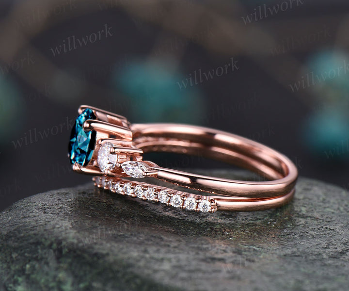 Alexandrite ring gold women vintage Alexandrite engagement ring set rose gold bridal ring set art deco moissanite ring set promise ring set