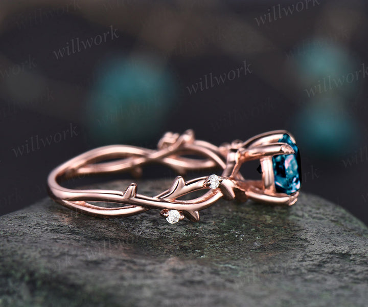 Twig round cut Alexandrite engagement ring rose gold five stone leaf Nature inspired infinity diamond anniversary wedding ring women gift