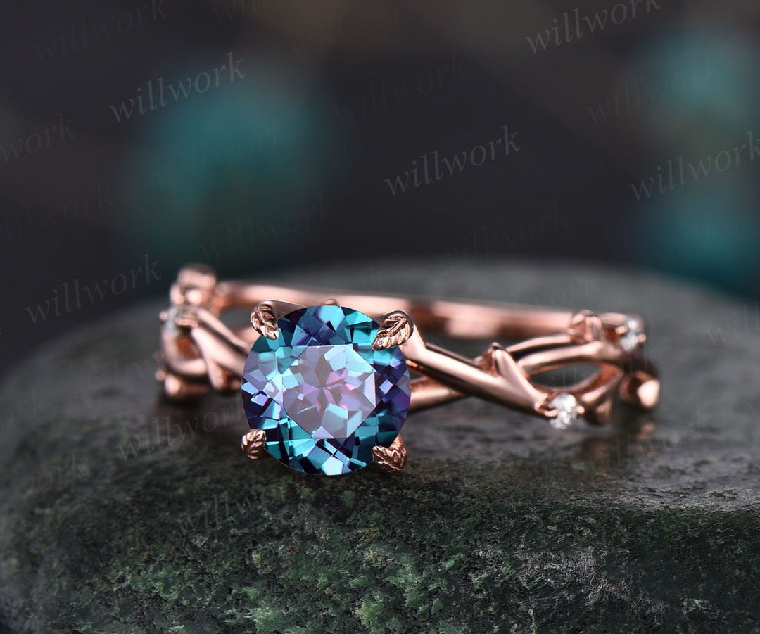 Twig round cut Alexandrite engagement ring rose gold five stone leaf Nature inspired infinity diamond anniversary wedding ring women gift