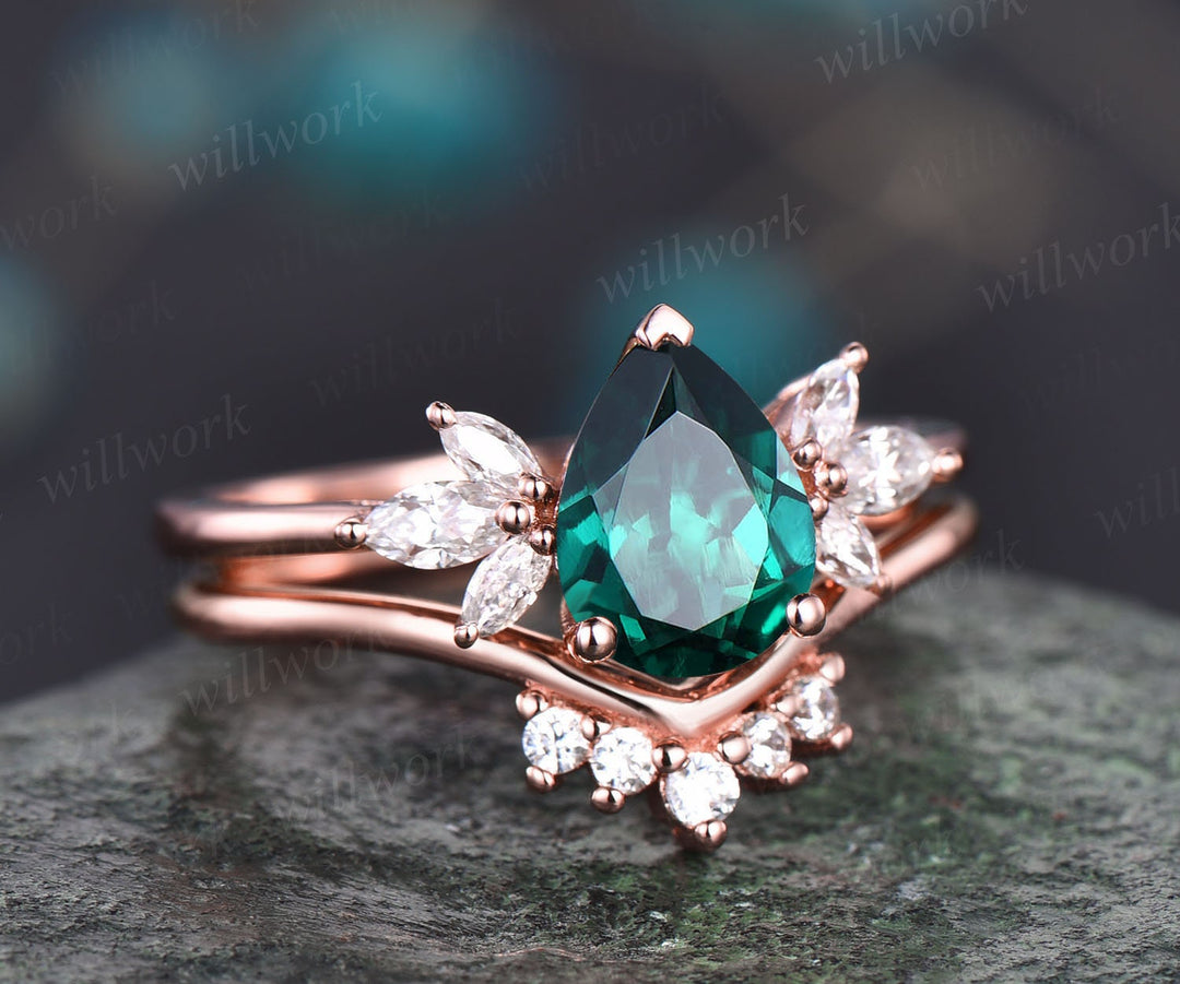 Pear emerald engagement ring set vintage art deco unique engagement ring set rose gold ring women marquise flower bridal anniversary ring