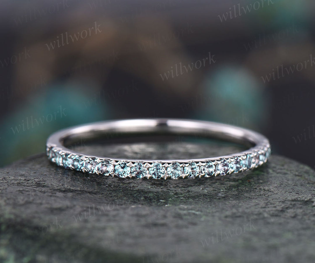 Half eternity Alexandrite wedding band 14k rose gold June birthstone ring dainty ring Alexandrite for women anniversary ring band gift