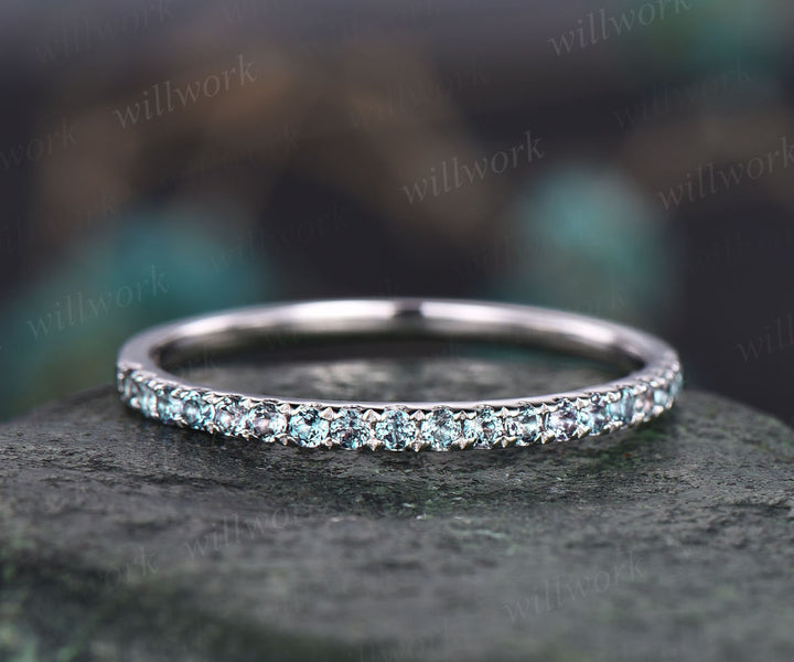 Half eternity Alexandrite wedding band 14k rose gold June birthstone ring dainty ring Alexandrite for women anniversary ring band gift