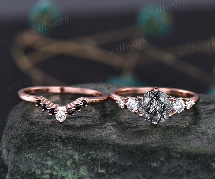 Vintage black rutilated quartz engagement ring set five stone rose gold ring women black diamond ring set stacking ring set promise ring