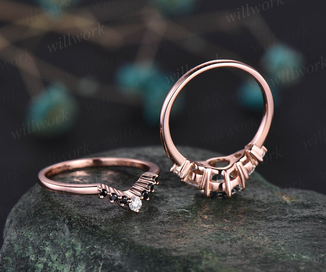 Vintage black rutilated quartz engagement ring set five stone rose gold ring women black diamond ring set stacking ring set promise ring