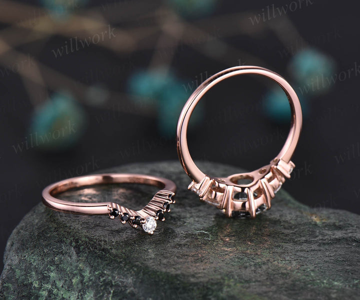 Vintage black rutilated quartz engagement ring set five stone rose gold ring women black diamond ring set stacking ring set promise ring