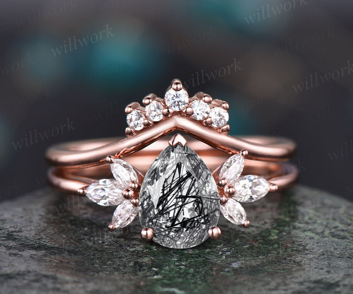 Vintage black rutilated quartz engagement ring set unique pear shaped ring cluster moissanite ring set marquise ring set rose gold ring gift