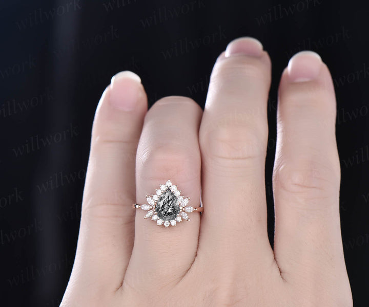 Pear cut black rutilated quartz engagement ring vintage style engagement rings 14k rose gold art deco ring cluster halo moissanite ring gift