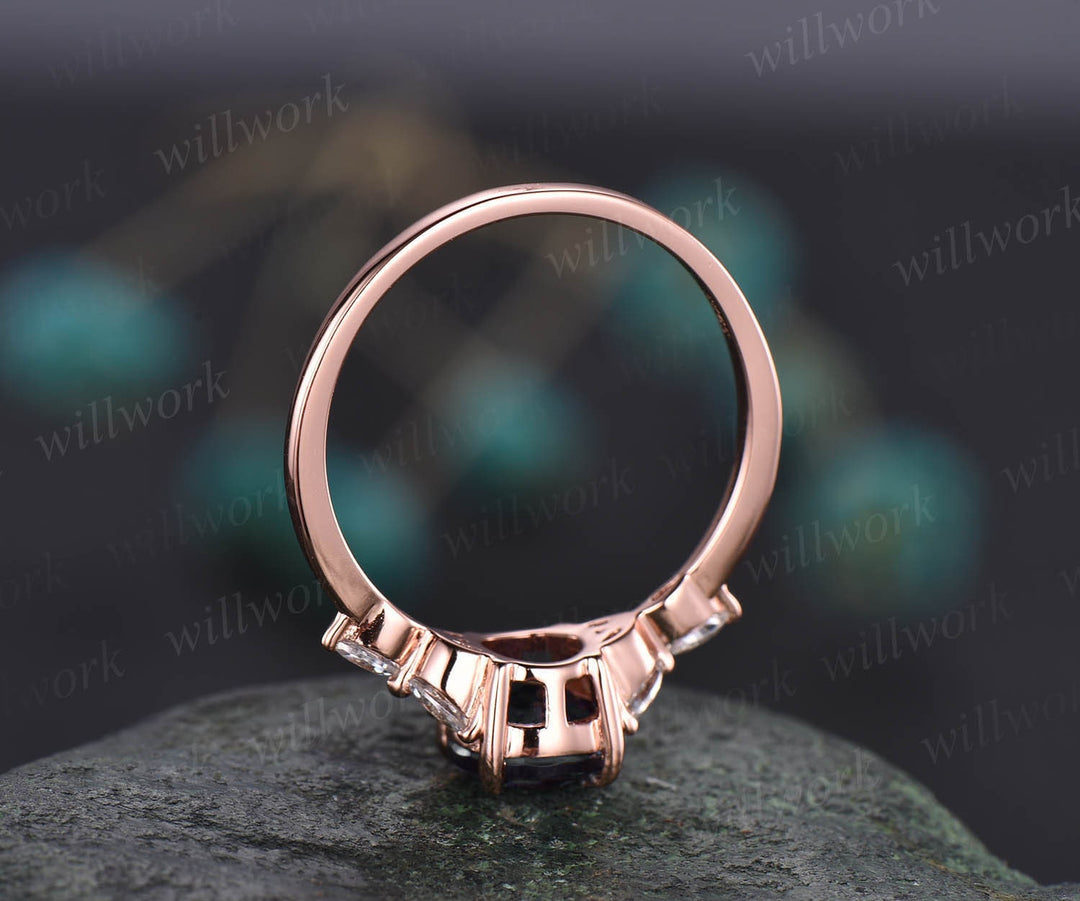 Vintage style black rutilated quartz engagement ring rose gold art deco cluster ring round cut bridal ring moissanite ring band women gift