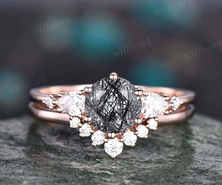 Unique wedding ring set Vintage black rutilated quartz engagement ring set rose gold moissanite ring set round cut bridal ring women gift
