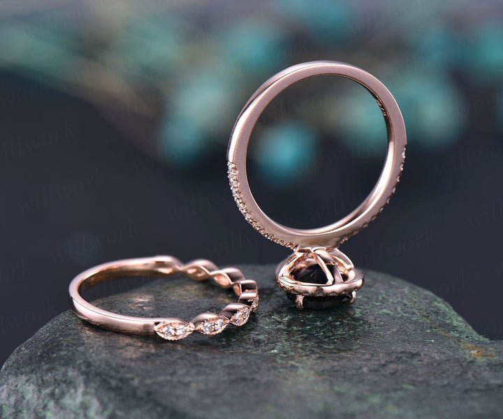 Pear shaped black rutilated quartz engagement ring set vintage diamond ring set unique anniversary ring set rose gold ring set for women