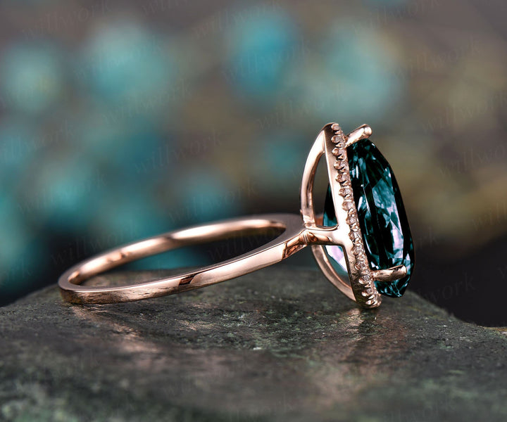 8x12mm pear shaped Alexandrite engagement ring for women diamond halo ring rose gold bridal ring custom jewelry colr change stone ring gift