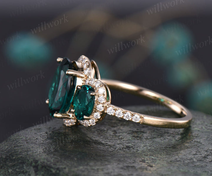 8x10mm oval cut emerald engagement ring vintage emerald ring rose gold halo moissanite bridal May birthstone promise anniversary ring women