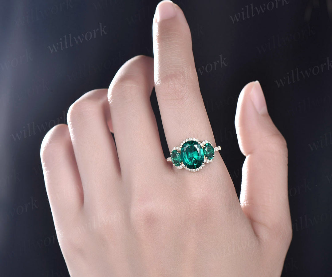 8x10mm oval cut emerald engagement ring vintage emerald ring rose gold halo moissanite bridal May birthstone promise anniversary ring women