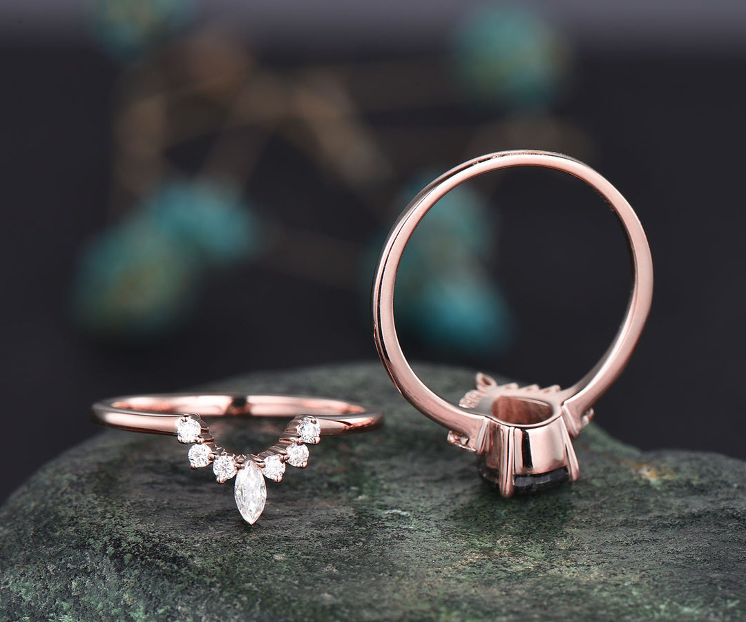 Pear black rutilated quartz engagement ring set vintage dainty halo marquise ring setting rose gold wedding prmoise bridal ring set women