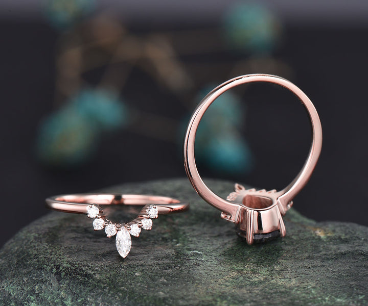 Pear black rutilated quartz engagement ring set vintage dainty halo marquise ring setting rose gold wedding prmoise bridal ring set women