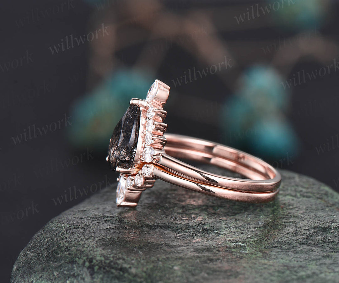Pear black rutilated quartz engagement ring set vintage dainty halo marquise ring setting rose gold wedding prmoise bridal ring set women