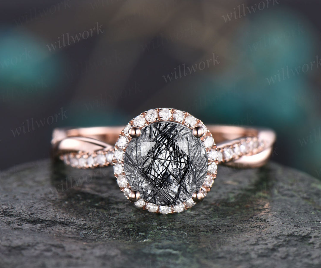 infinity halo diamond engagement ring vintage black rutilated quartz engagement ring Twisted solid rose gold ring eternity wedding ring gift