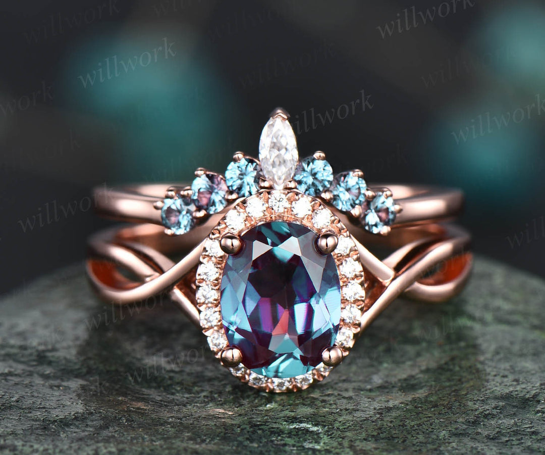 Oval cut Alexandrite engagement ring set halo moissanite ring set vintage rose gold wedding ring set art deco bridal ring set custom jewelry