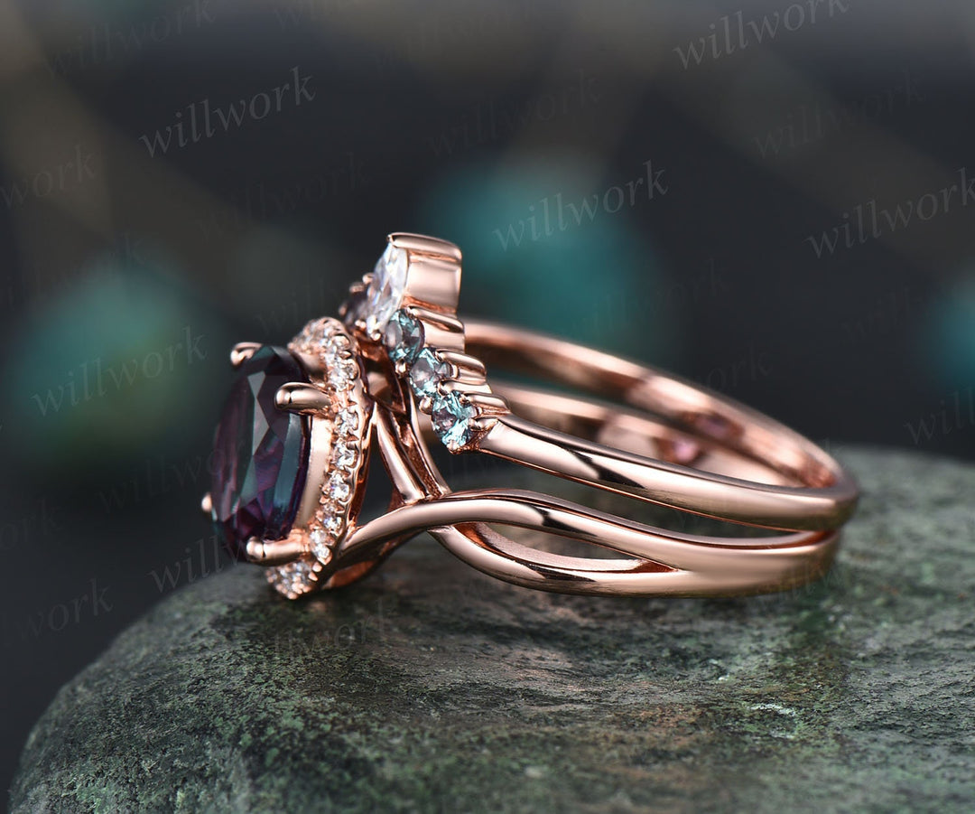 Oval cut Alexandrite engagement ring set halo moissanite ring set vintage rose gold wedding ring set art deco bridal ring set custom jewelry