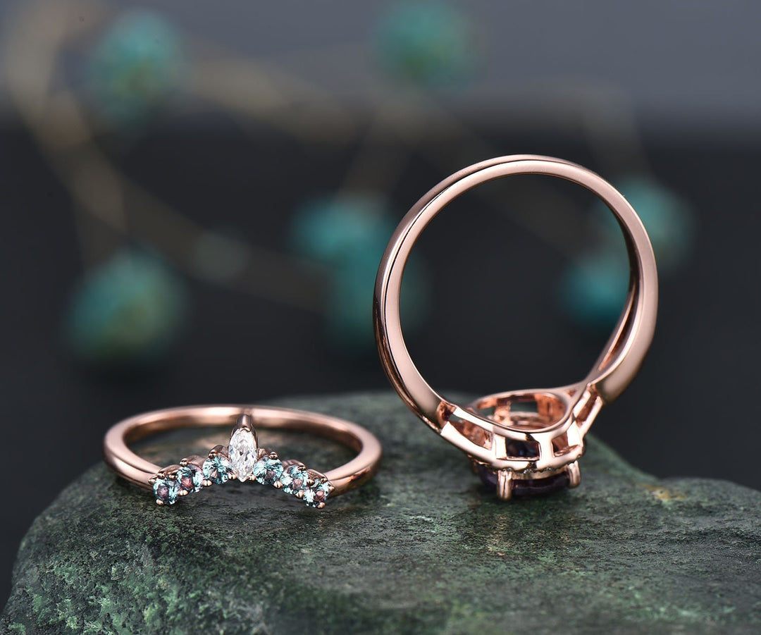 Oval cut Alexandrite engagement ring set halo moissanite ring set vintage rose gold wedding ring set art deco bridal ring set custom jewelry