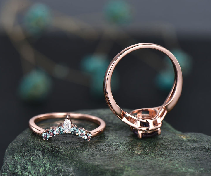 Oval cut Alexandrite engagement ring set halo moissanite ring set vintage rose gold wedding ring set art deco bridal ring set custom jewelry