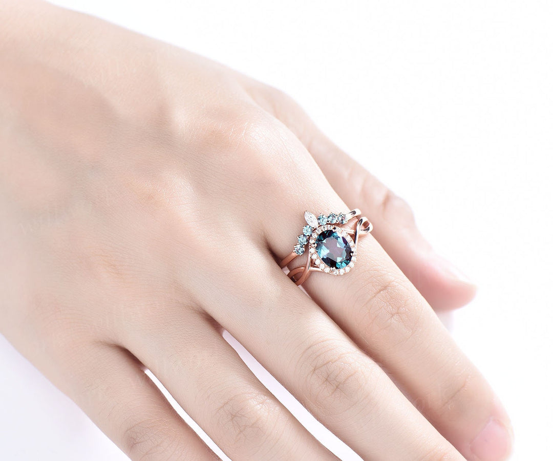 Oval cut Alexandrite engagement ring set halo moissanite ring set vintage rose gold wedding ring set art deco bridal ring set custom jewelry