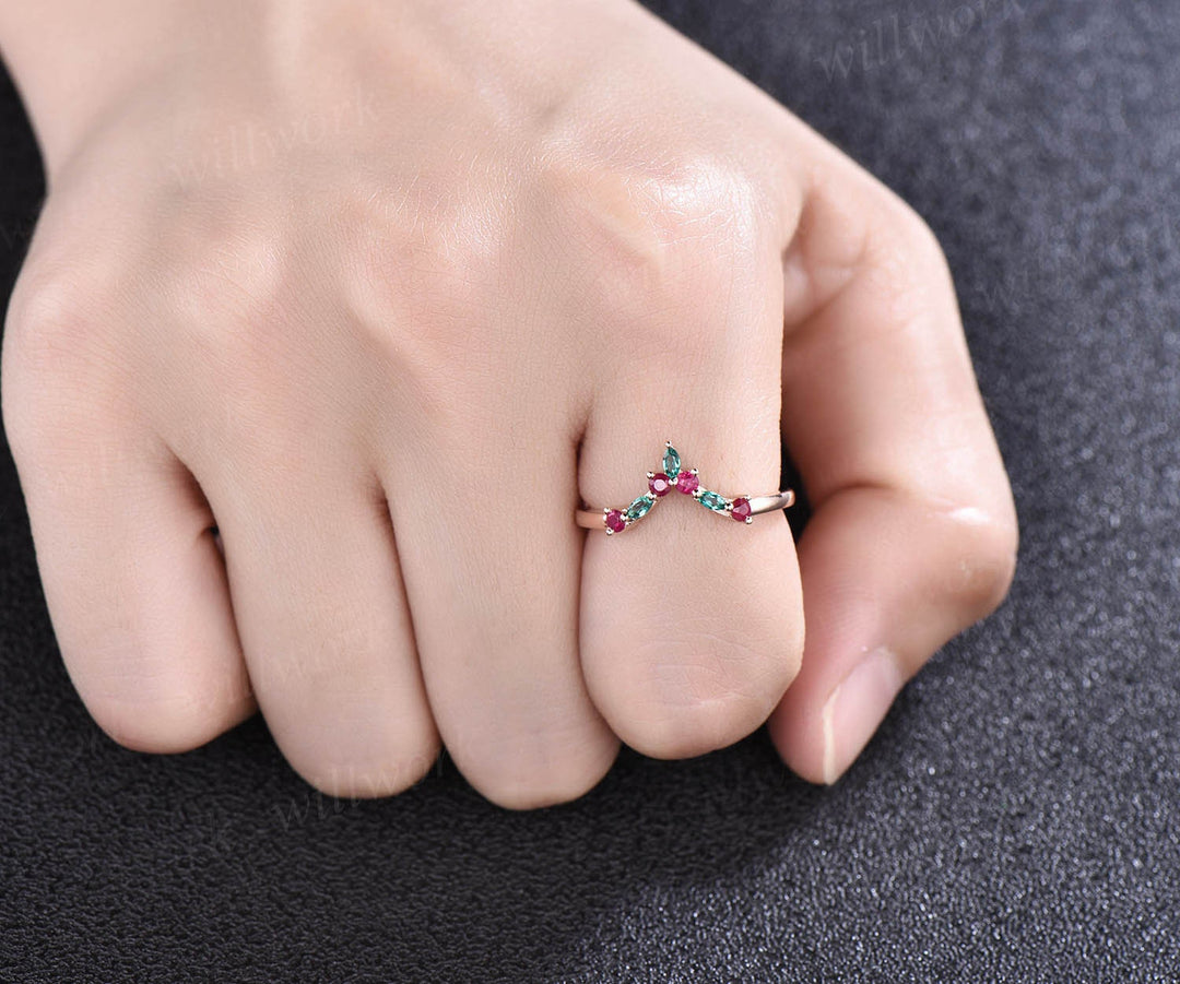 Curved v shaped wedding band art deco emerald ring marquise wedding band natural ruby wedding band rose gold jewelry women bridal ring gift