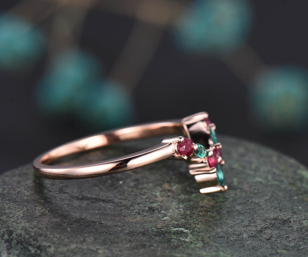 Curved v shaped wedding band art deco emerald ring marquise wedding band natural ruby wedding band rose gold jewelry women bridal ring gift