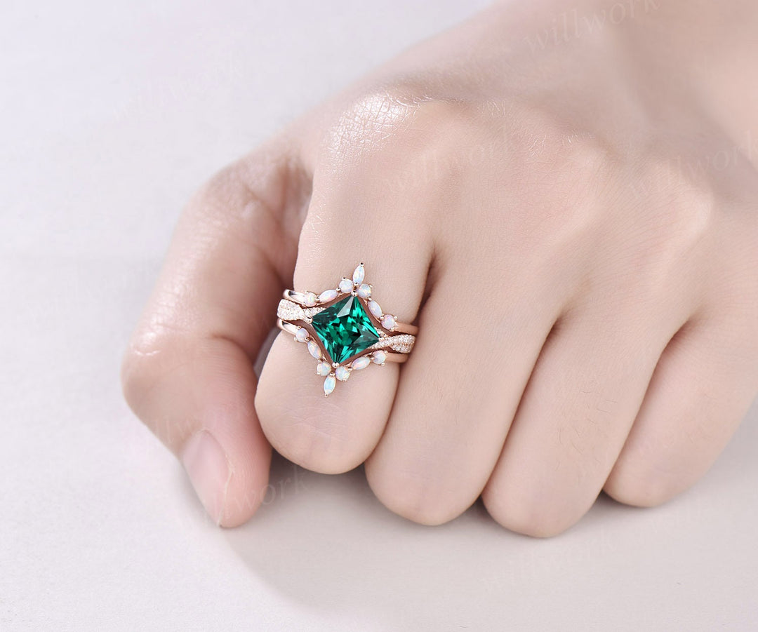 Princess cut emerald engagement ring set vintage opal ring set marquise ring set infinity moissanite ring set rose gold ring women jewelry