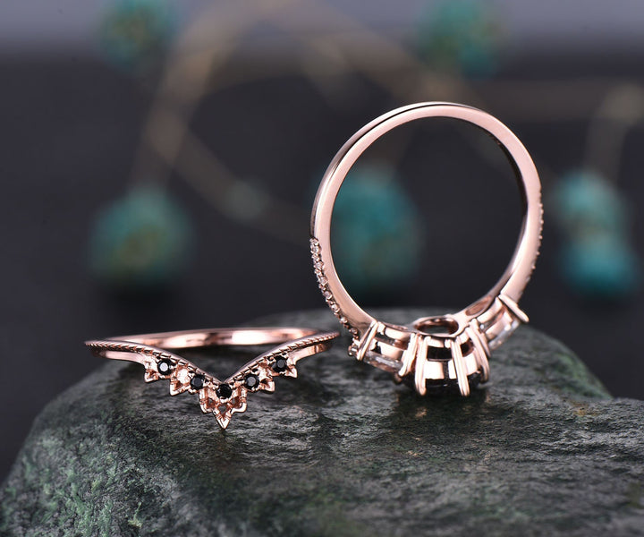 Vintage black rutilated quartz engagement ring set rose gold bridal ring set black diamond ring set unique moissanite ring set for women