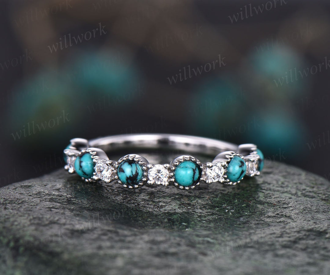 Turquoise wedding ring turquoise wedding band Turquoise ring rose gold vintage moissanite ring women half eternity annniversary bridal ring