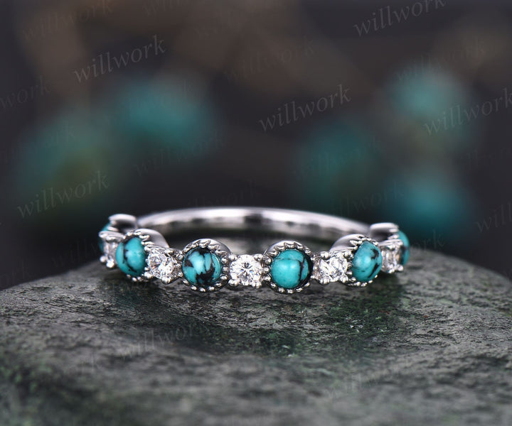 Turquoise wedding ring turquoise wedding band Turquoise ring rose gold vintage moissanite ring women half eternity annniversary bridal ring