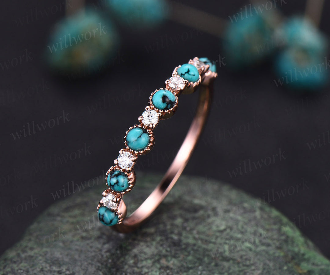 Turquoise wedding ring turquoise wedding band Turquoise ring rose gold vintage moissanite ring women half eternity annniversary bridal ring
