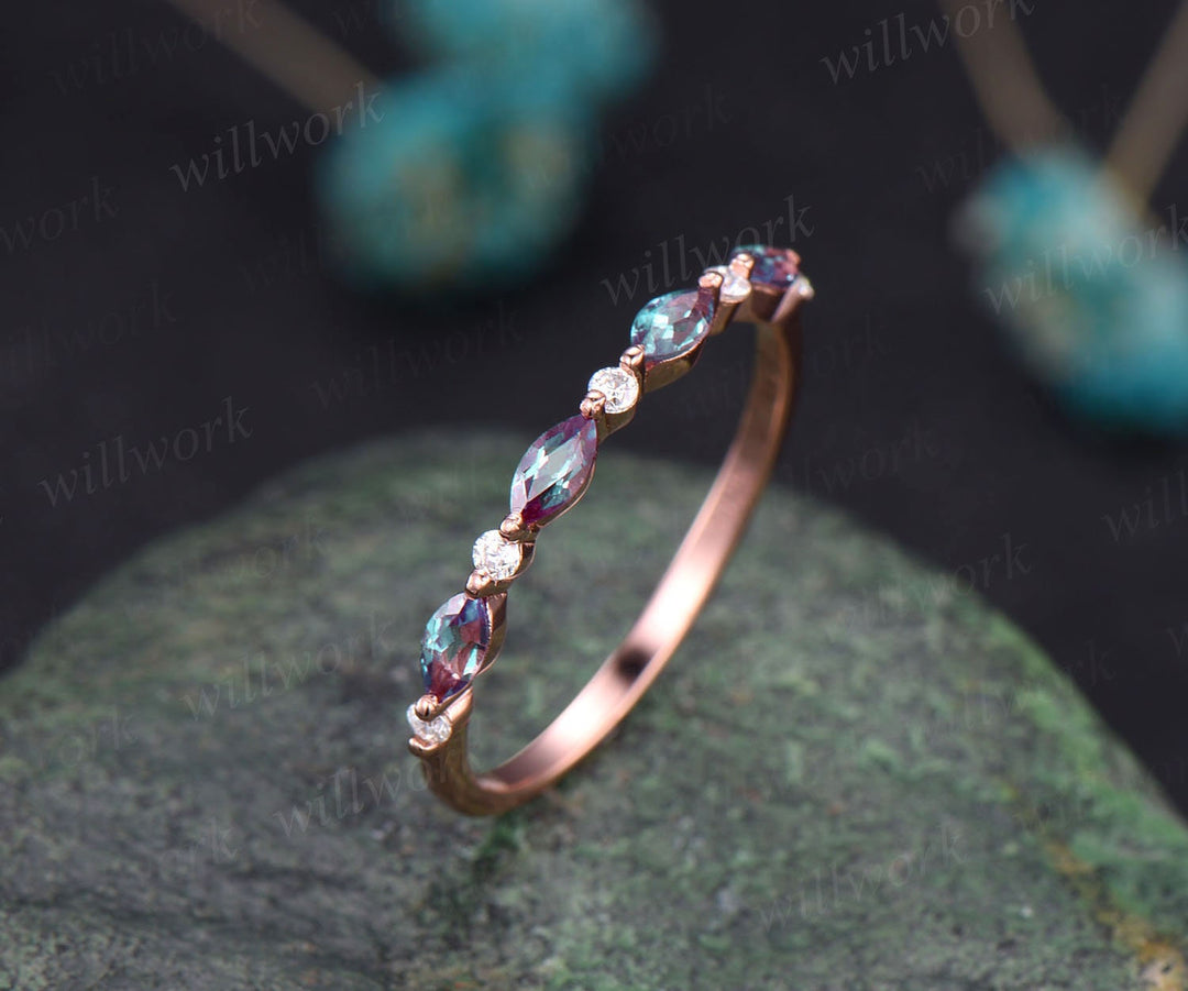 Art deco Alexandrite wedding band vintage diamond wedding ring band rose gold Alexandrite ring women marquise ring setting anniversary gift