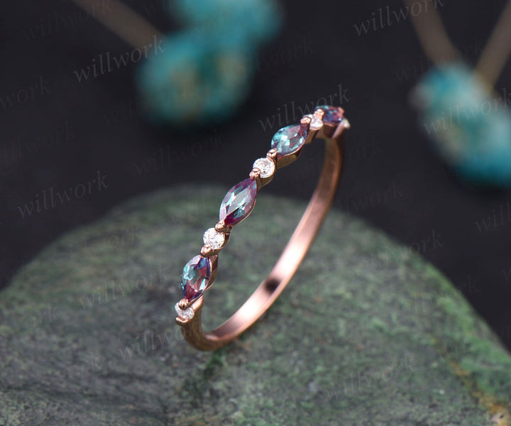 Art deco Alexandrite wedding band vintage diamond wedding ring band rose gold Alexandrite ring women marquise ring setting anniversary gift