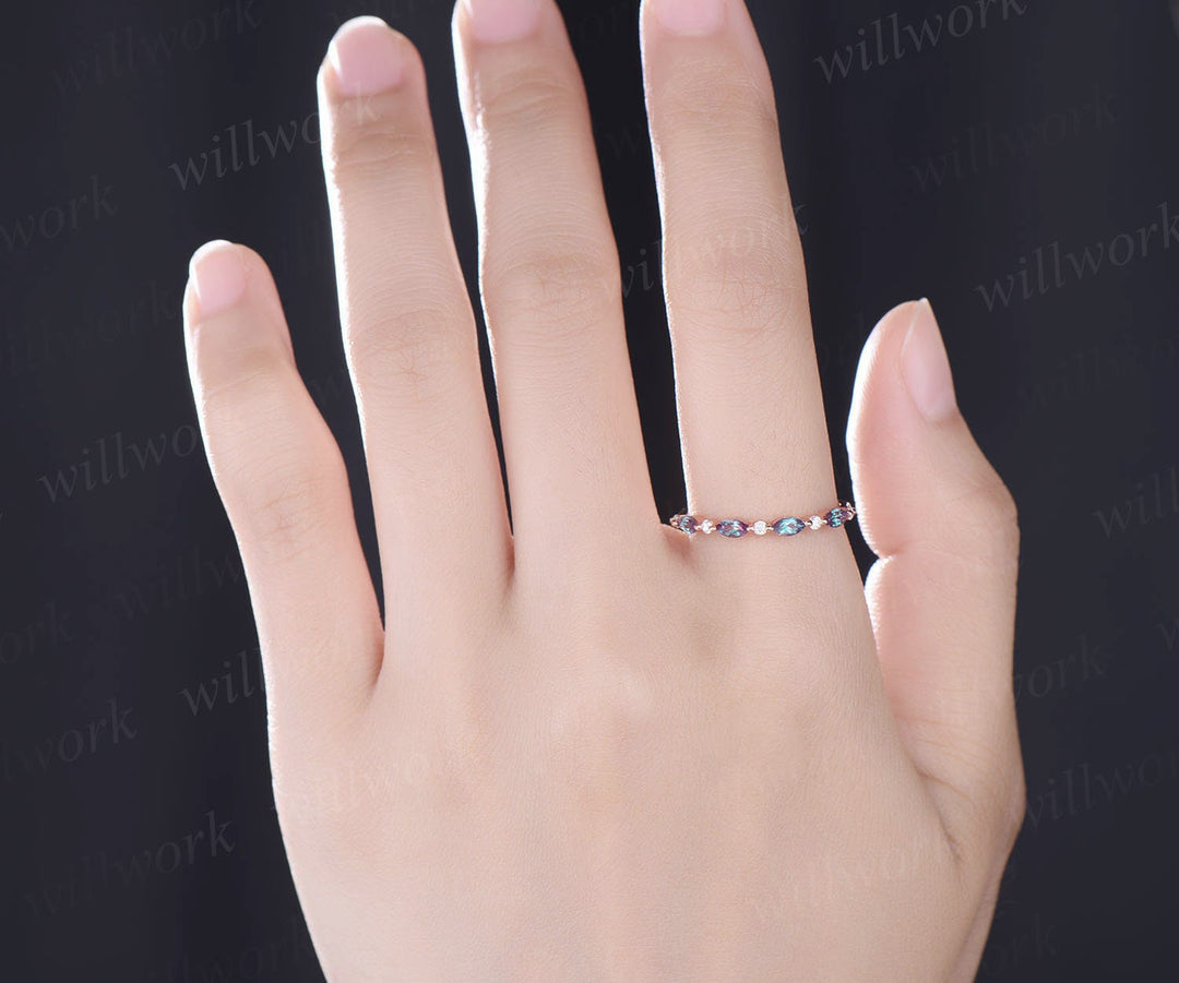 Art deco Alexandrite wedding band vintage diamond wedding ring band rose gold Alexandrite ring women marquise ring setting anniversary gift