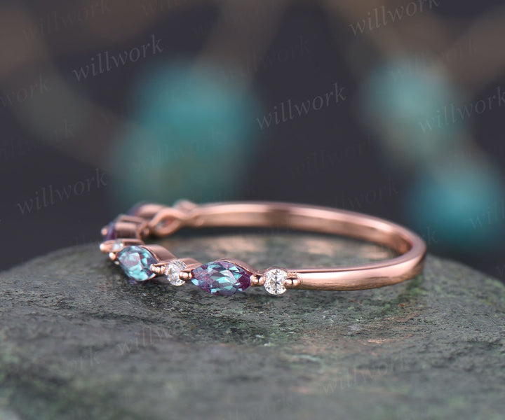 Art deco Alexandrite wedding band vintage diamond wedding ring band rose gold Alexandrite ring women marquise ring setting anniversary gift