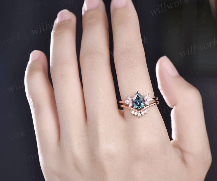 Pear shaped Alexandrite ring set women vintage Alexandrite engagement ring set unique anniversary ring set marquise moissanite ring set gift