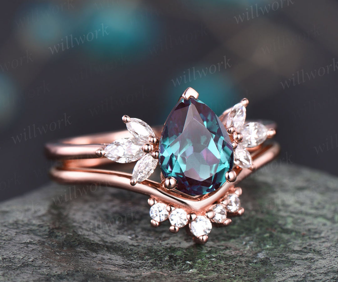 Pear shaped Alexandrite ring set women vintage Alexandrite engagement ring set unique anniversary ring set marquise moissanite ring set gift
