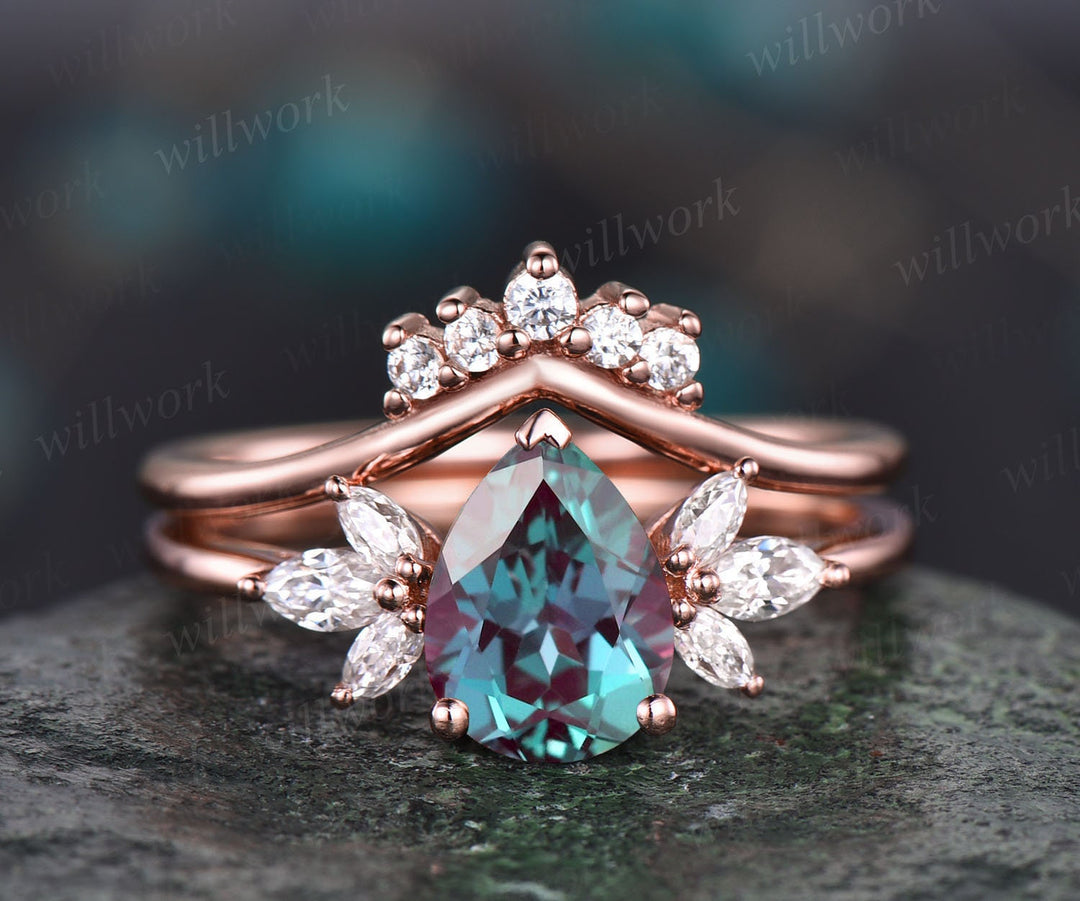 Pear shaped Alexandrite ring set women vintage Alexandrite engagement ring set unique anniversary ring set marquise moissanite ring set gift