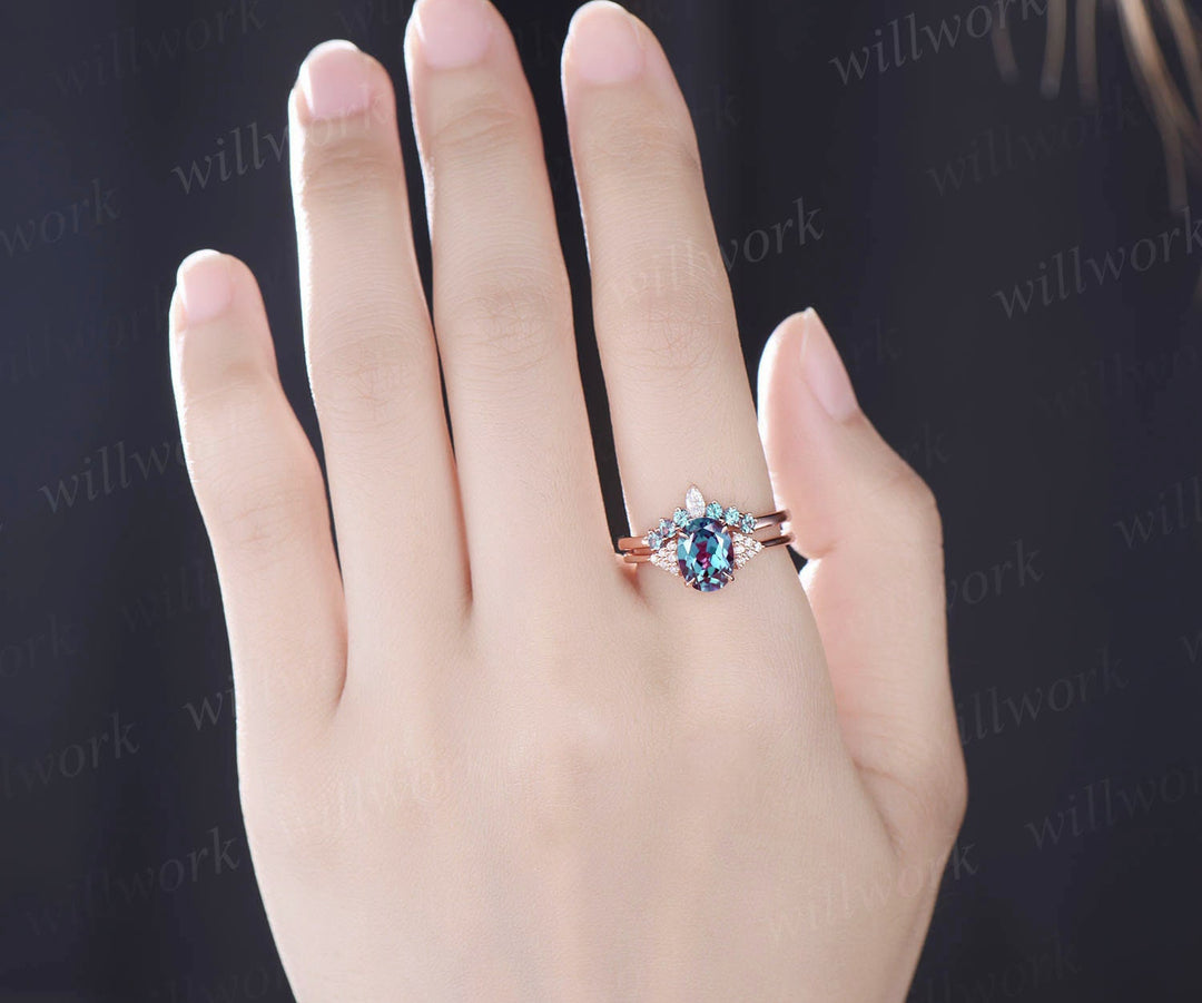 Oval Alexandrite engagement ring set vintage rose gold moissanite bridal ring set custom art deco ring unique gift crown ring women jewelry