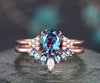 Oval Alexandrite engagement ring set vintage rose gold moissanite bridal ring set custom art deco ring unique gift crown ring women jewelry