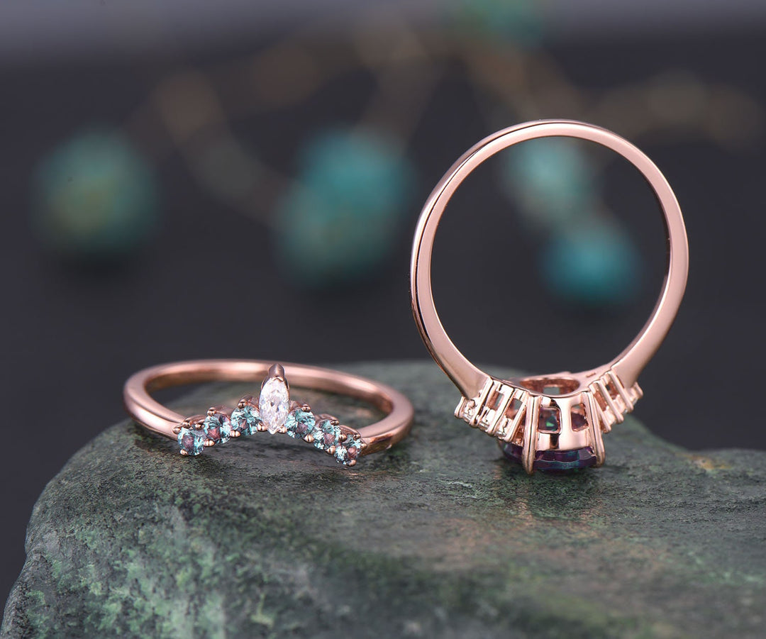 Oval Alexandrite engagement ring set vintage rose gold moissanite bridal ring set custom art deco ring unique gift crown ring women jewelry