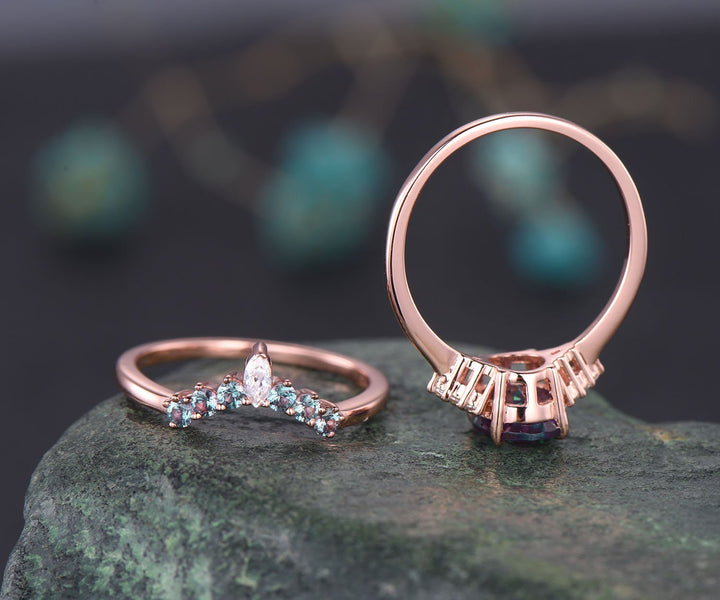 Oval Alexandrite engagement ring set vintage rose gold moissanite bridal ring set custom art deco ring unique gift crown ring women jewelry